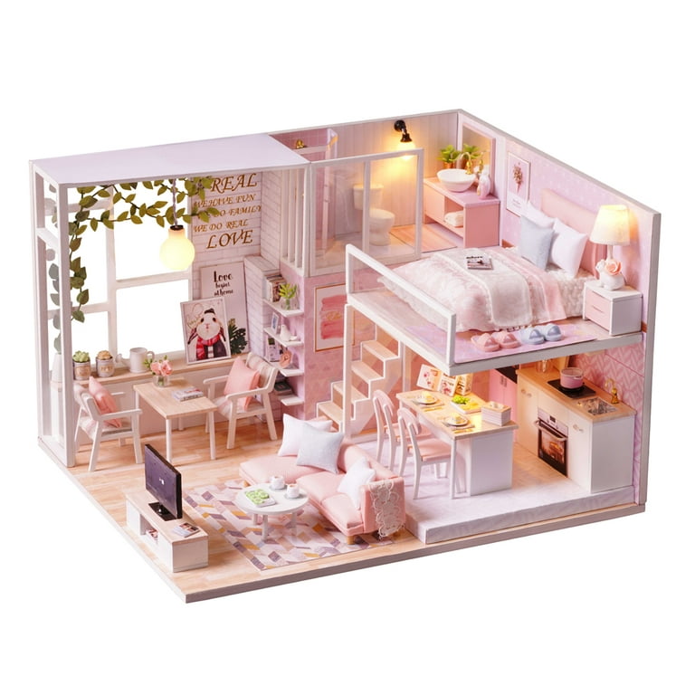 DIY Wooden Doll House Kits With Furnitures and LED Lights Mini Bedroom Craft